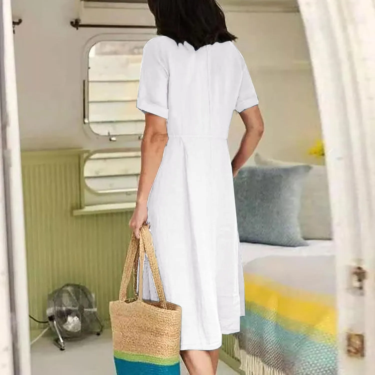 Casual Summer Dresses for Women Summer Loose Plus Size Button Linen Tee Shirt Solid Short Sleeve Dress with Pockets