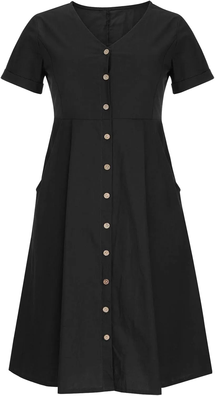 Casual Summer Dresses for Women Summer Loose Plus Size Button Linen Tee Shirt Solid Short Sleeve Dress with Pockets