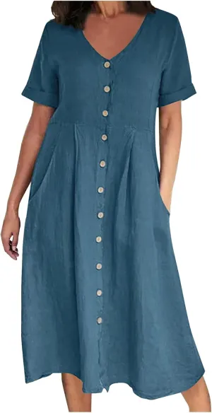 Casual Summer Dresses for Women Summer Loose Plus Size Button Linen Tee Shirt Solid Short Sleeve Dress with Pockets