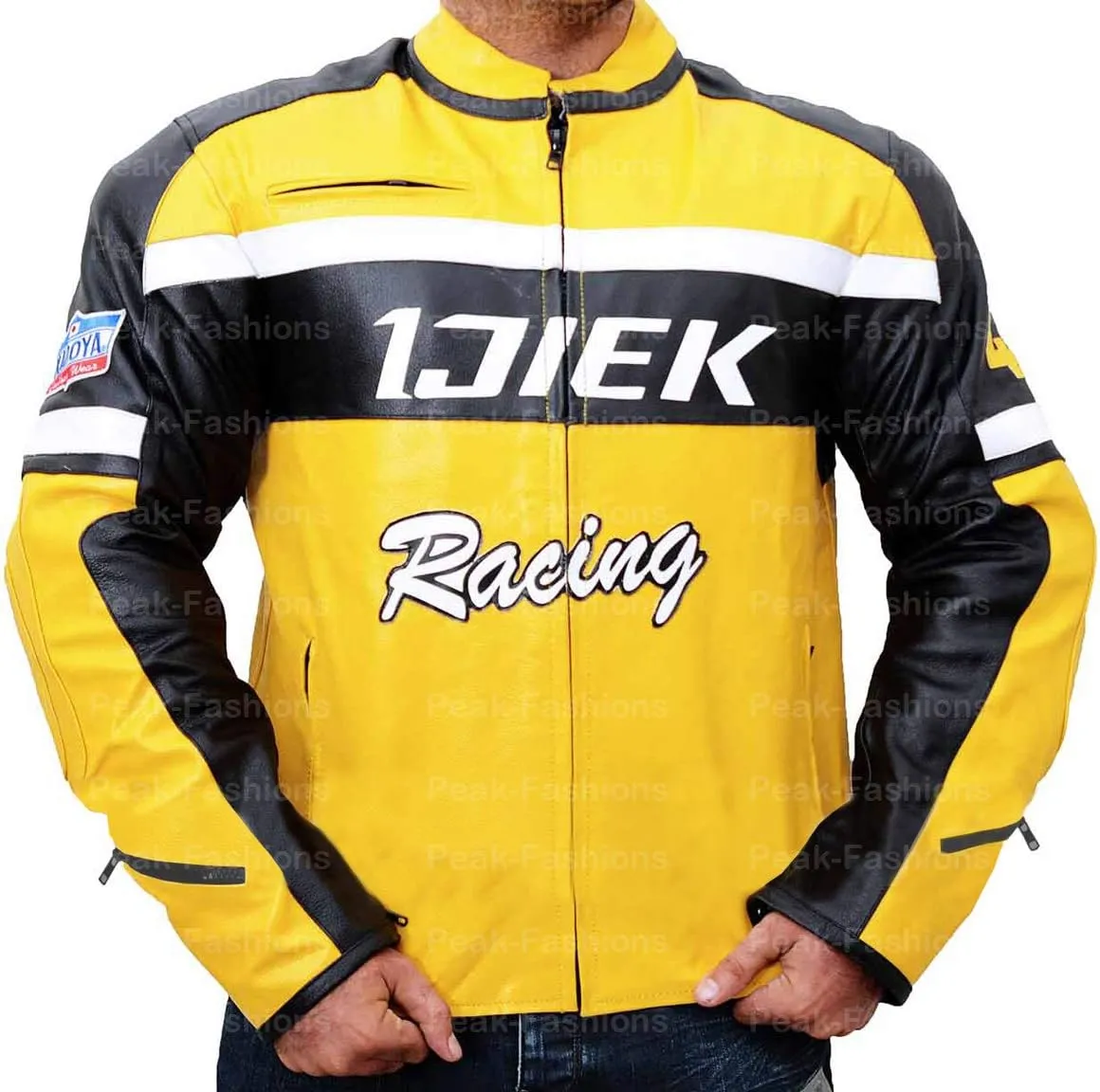Chuck Greene Mens Biker Racer Yellow & Black Motorcycle Leather Jacket