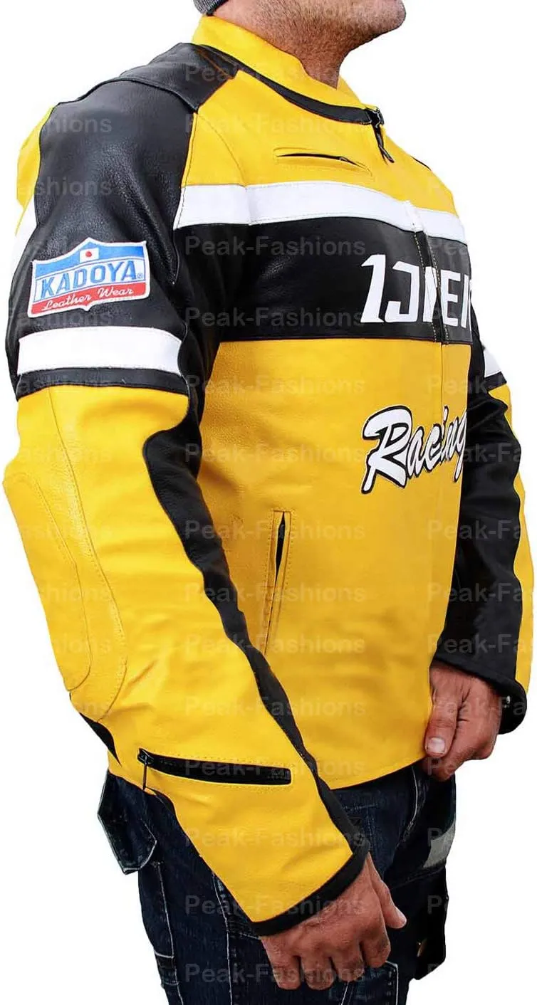 Chuck Greene Mens Biker Racer Yellow & Black Motorcycle Leather Jacket