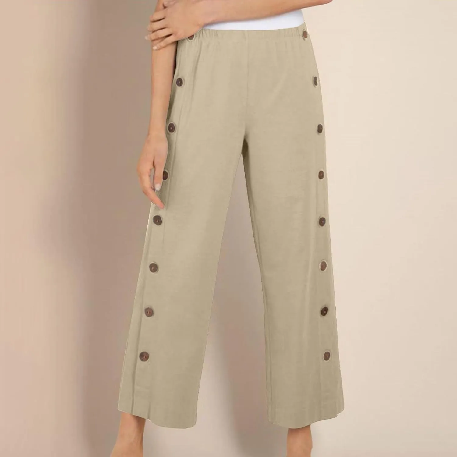 Cotton Linen Pants for Women 2025 High Waisted Wide Leg Trousers Trendy Side Button Elastic Waist Summer Gauze Pants