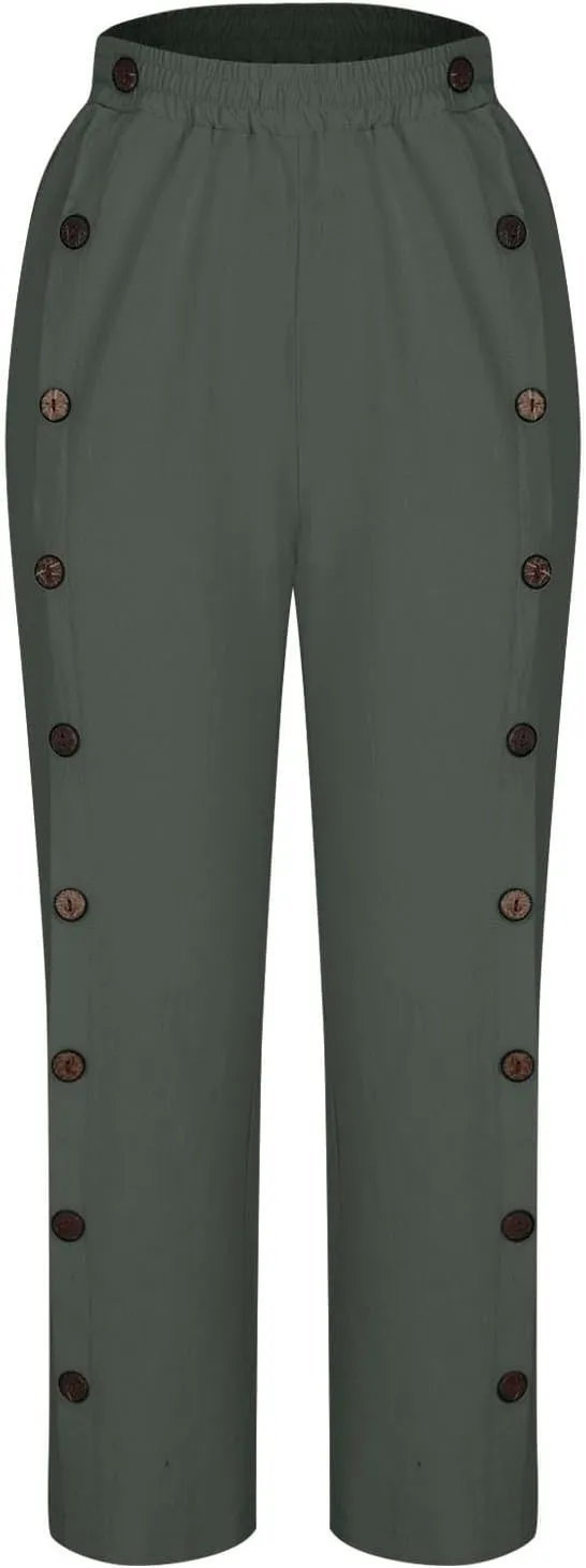Cotton Linen Pants for Women 2025 High Waisted Wide Leg Trousers Trendy Side Button Elastic Waist Summer Gauze Pants