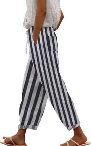 Cotton Linen Pants Women Casual Drawstring Pants Loose Drawstring Elastic Waist Cropped Trouser Womens Leggings