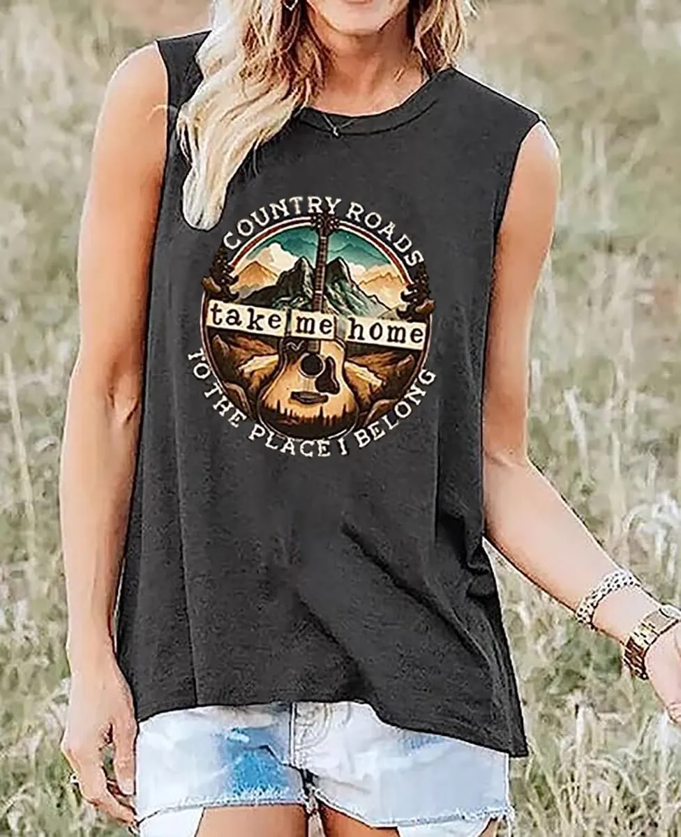 Country Roads Take Me Home to The Place I Belong Tank Top Women Country Music T-Shirts Guitar Graphic Vintage Tee Vest