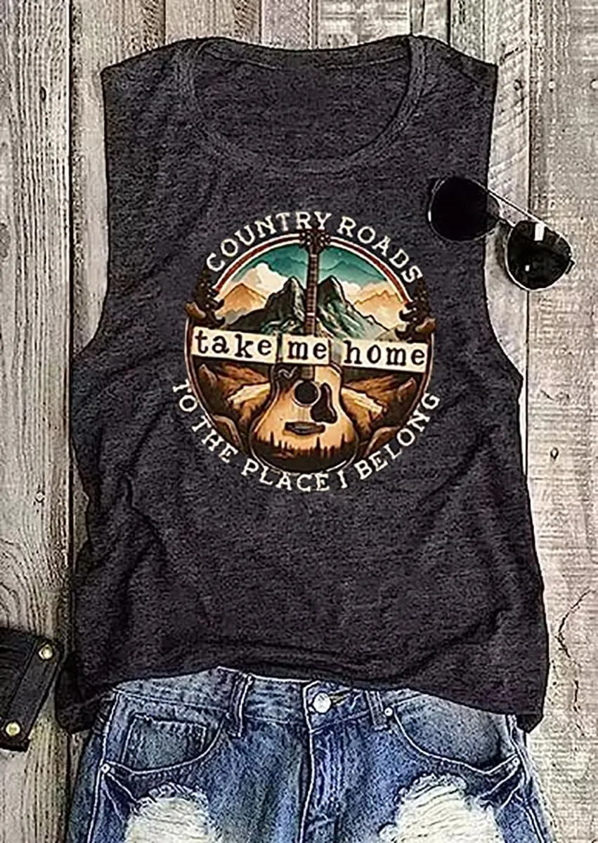 Country Roads Take Me Home to The Place I Belong Tank Top Women Country Music T-Shirts Guitar Graphic Vintage Tee Vest