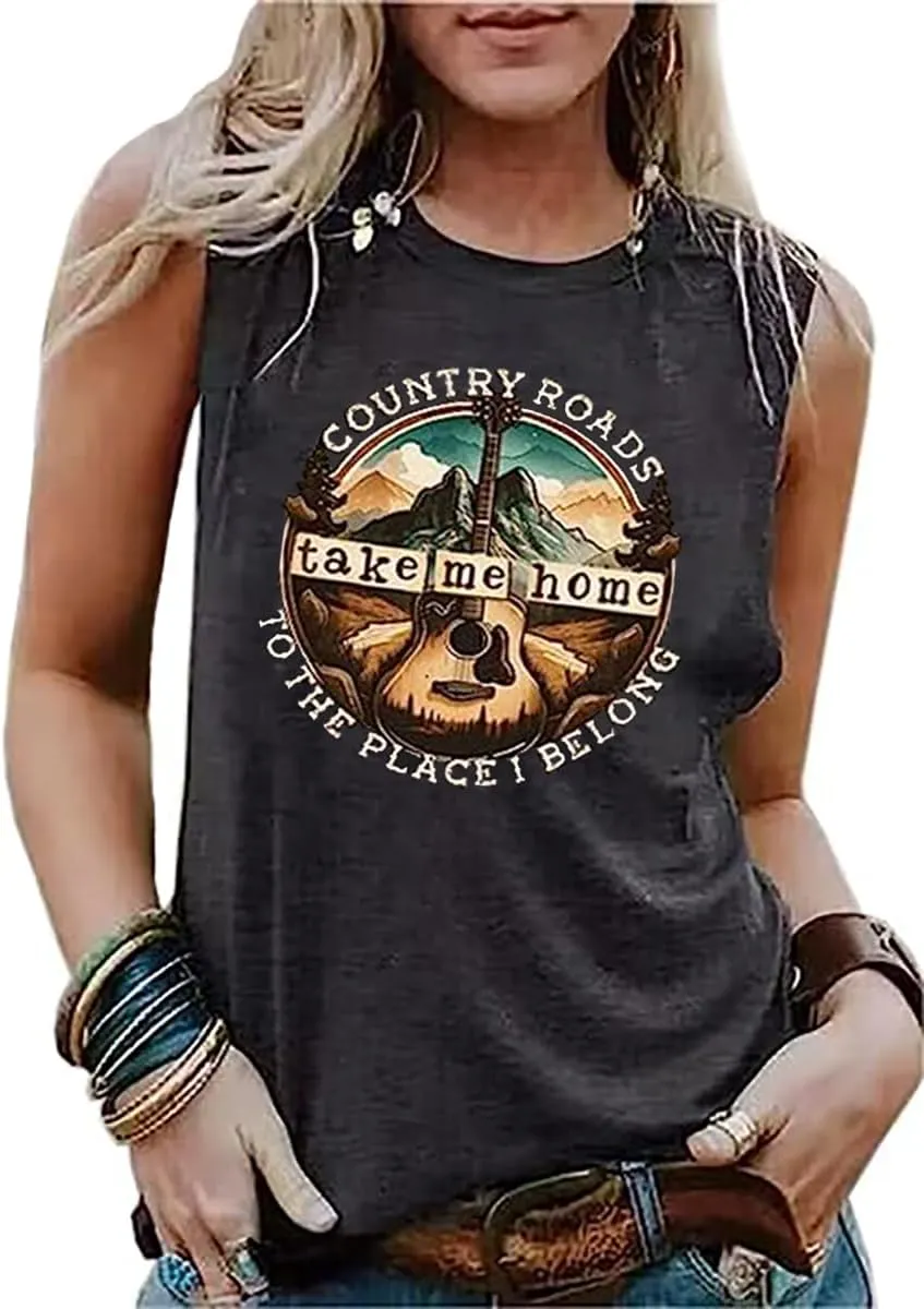 Country Roads Take Me Home to The Place I Belong Tank Top Women Country Music T-Shirts Guitar Graphic Vintage Tee Vest