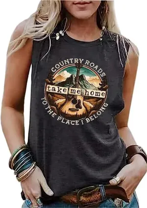 Country Roads Take Me Home to The Place I Belong Tank Top Women Country Music T-Shirts Guitar Graphic Vintage Tee Vest