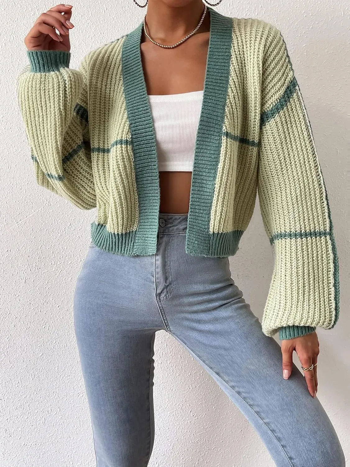 COZYEASE Women's Color Block Crop Cardigan Top Bishop Long Sleeve Open Front Sweater
