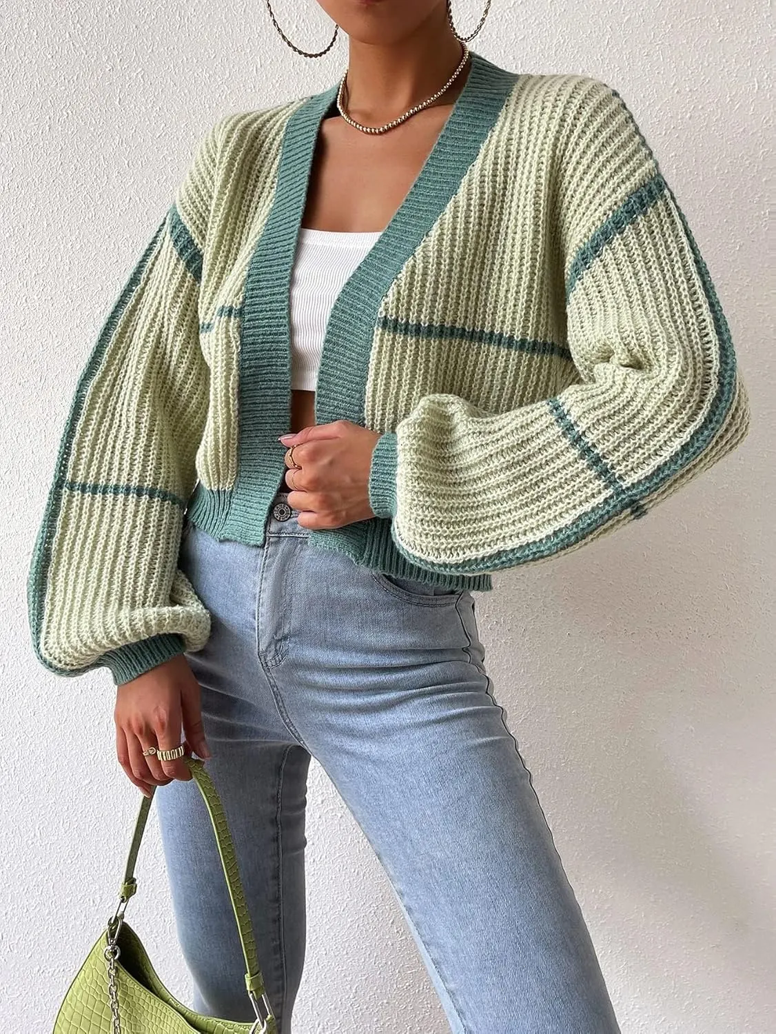 COZYEASE Women's Color Block Crop Cardigan Top Bishop Long Sleeve Open Front Sweater