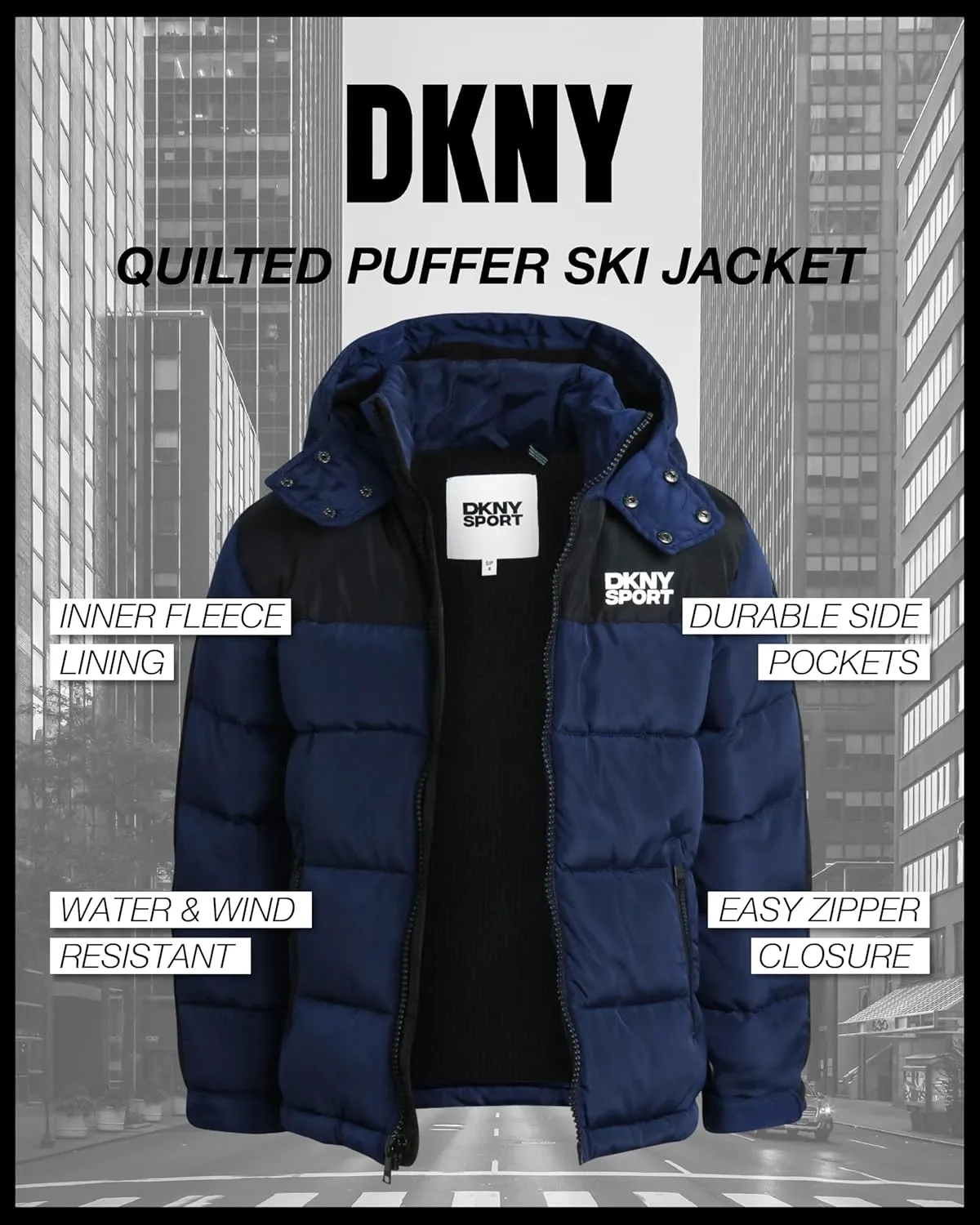 DKNY Boys Heavyweight Winter Coat - Water Resistant Insulated Fleece Lined Quilted Puffer Ski Jacket with Hat (8-20)