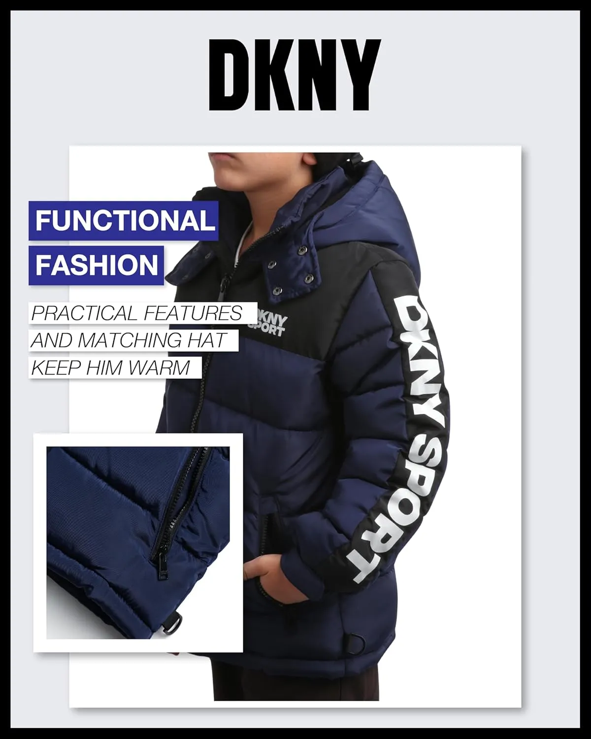 DKNY Boys Heavyweight Winter Coat - Water Resistant Insulated Fleece Lined Quilted Puffer Ski Jacket with Hat (8-20)