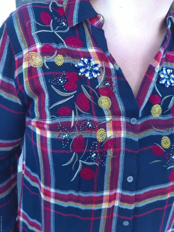 Dress - Plaid Button-Up with Beading