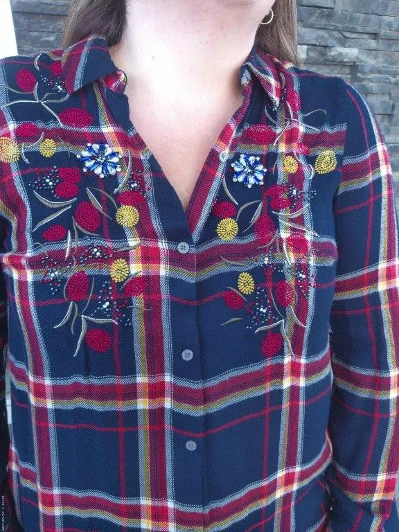 Dress - Plaid Button-Up with Beading