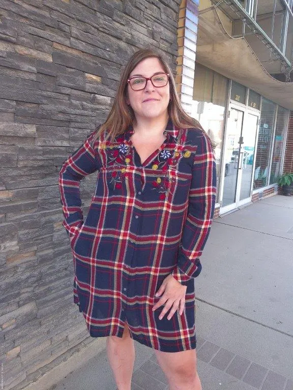 Dress - Plaid Button-Up with Beading