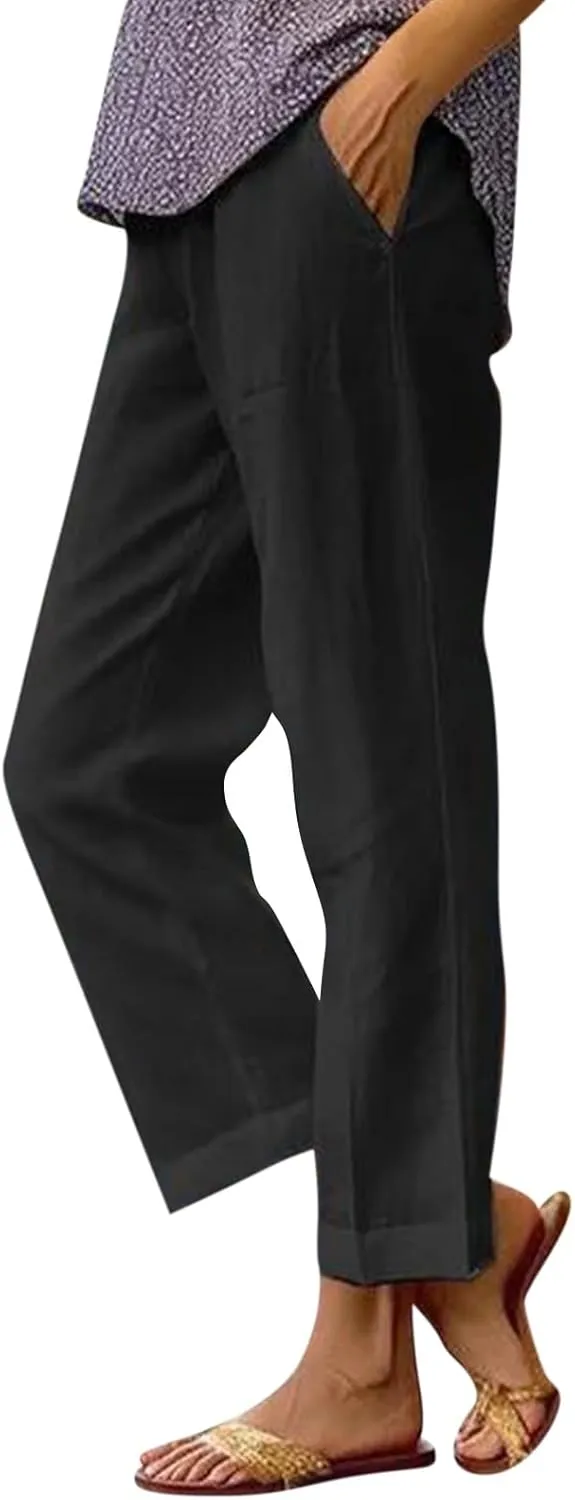 eoeioa High Waisted Linen Pants Women Summer Baggy Stretchy Palazzo Pants Lightweight Casual Pants Boho Beach Pants w/Pockets