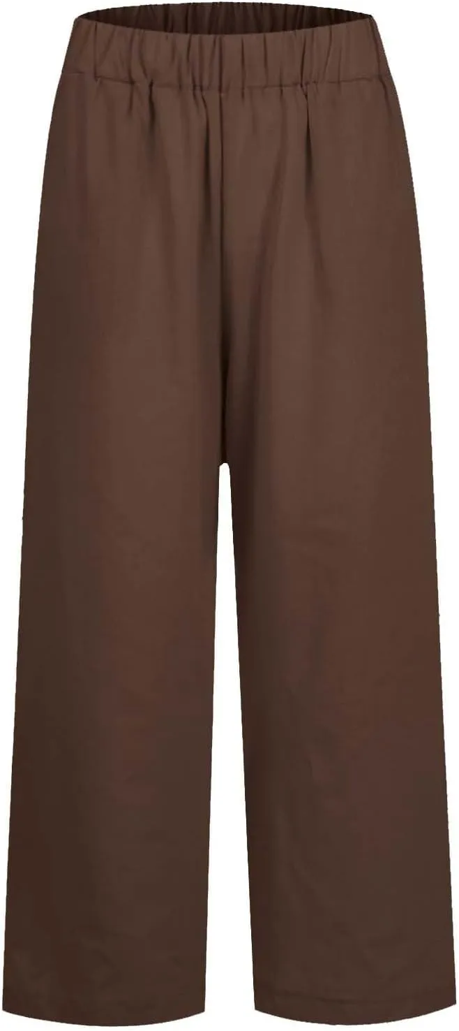 eoeioa High Waisted Linen Pants Women Summer Baggy Stretchy Palazzo Pants Lightweight Casual Pants Boho Beach Pants w/Pockets