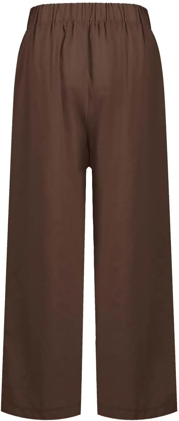 eoeioa High Waisted Linen Pants Women Summer Baggy Stretchy Palazzo Pants Lightweight Casual Pants Boho Beach Pants w/Pockets