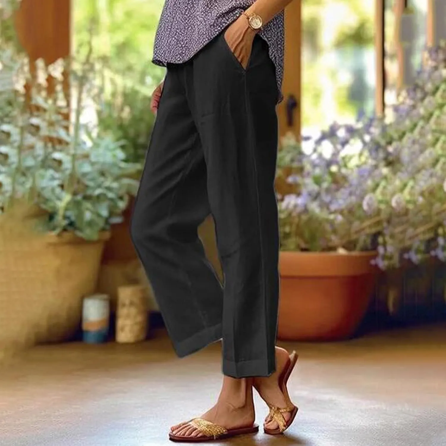 eoeioa High Waisted Linen Pants Women Summer Baggy Stretchy Palazzo Pants Lightweight Casual Pants Boho Beach Pants w/Pockets