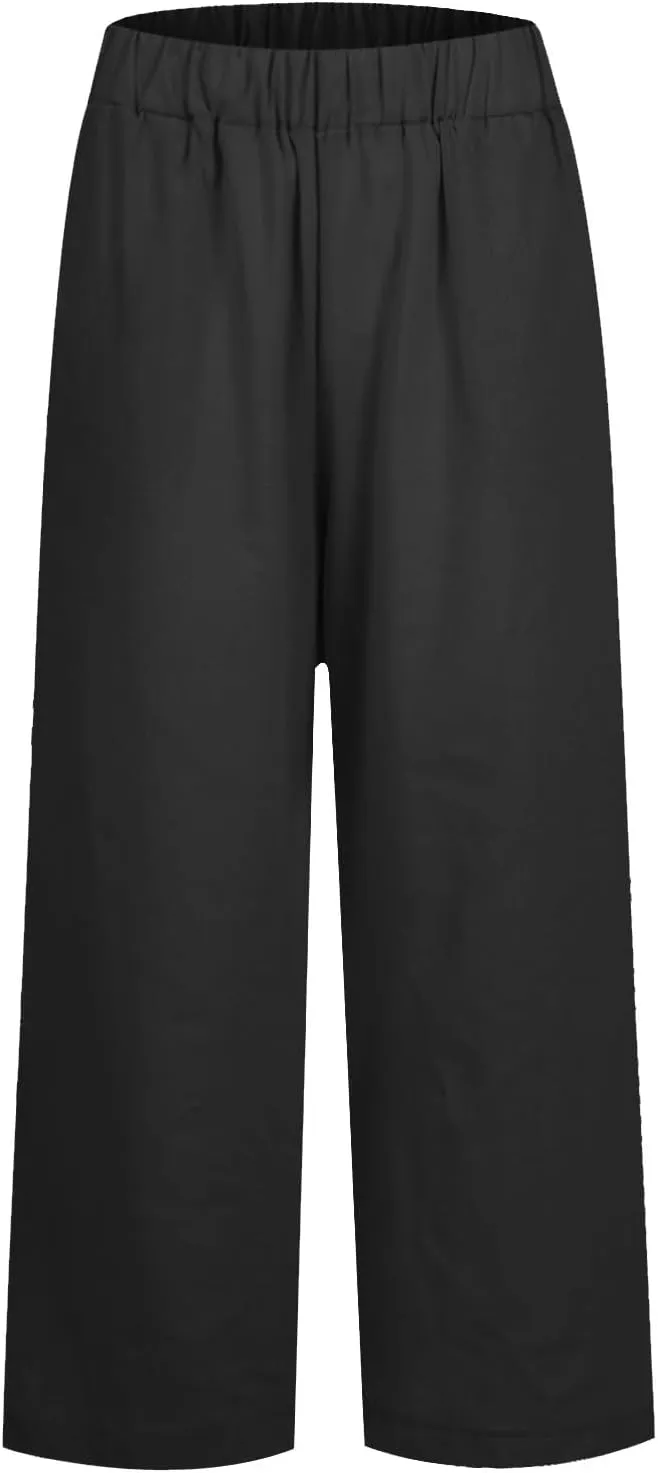 eoeioa High Waisted Linen Pants Women Summer Baggy Stretchy Palazzo Pants Lightweight Casual Pants Boho Beach Pants w/Pockets