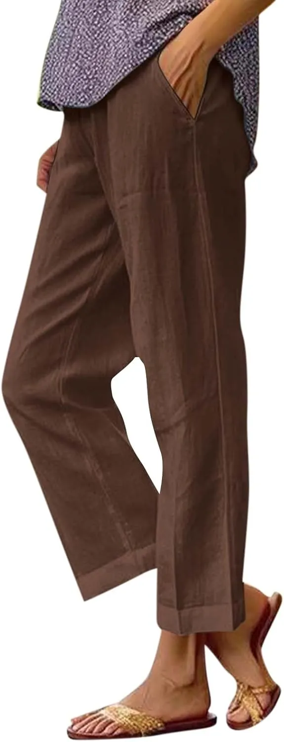 eoeioa High Waisted Linen Pants Women Summer Baggy Stretchy Palazzo Pants Lightweight Casual Pants Boho Beach Pants w/Pockets