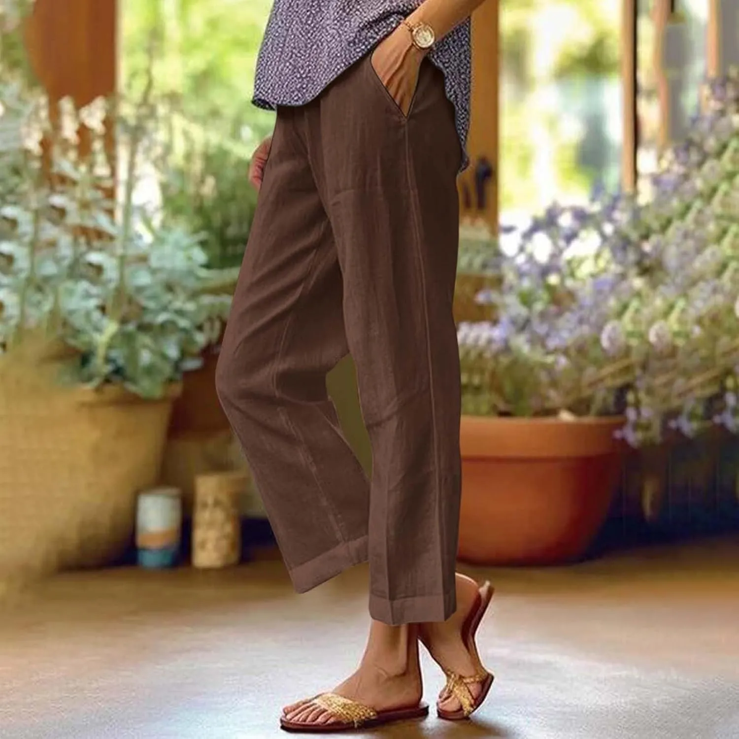 eoeioa High Waisted Linen Pants Women Summer Baggy Stretchy Palazzo Pants Lightweight Casual Pants Boho Beach Pants w/Pockets