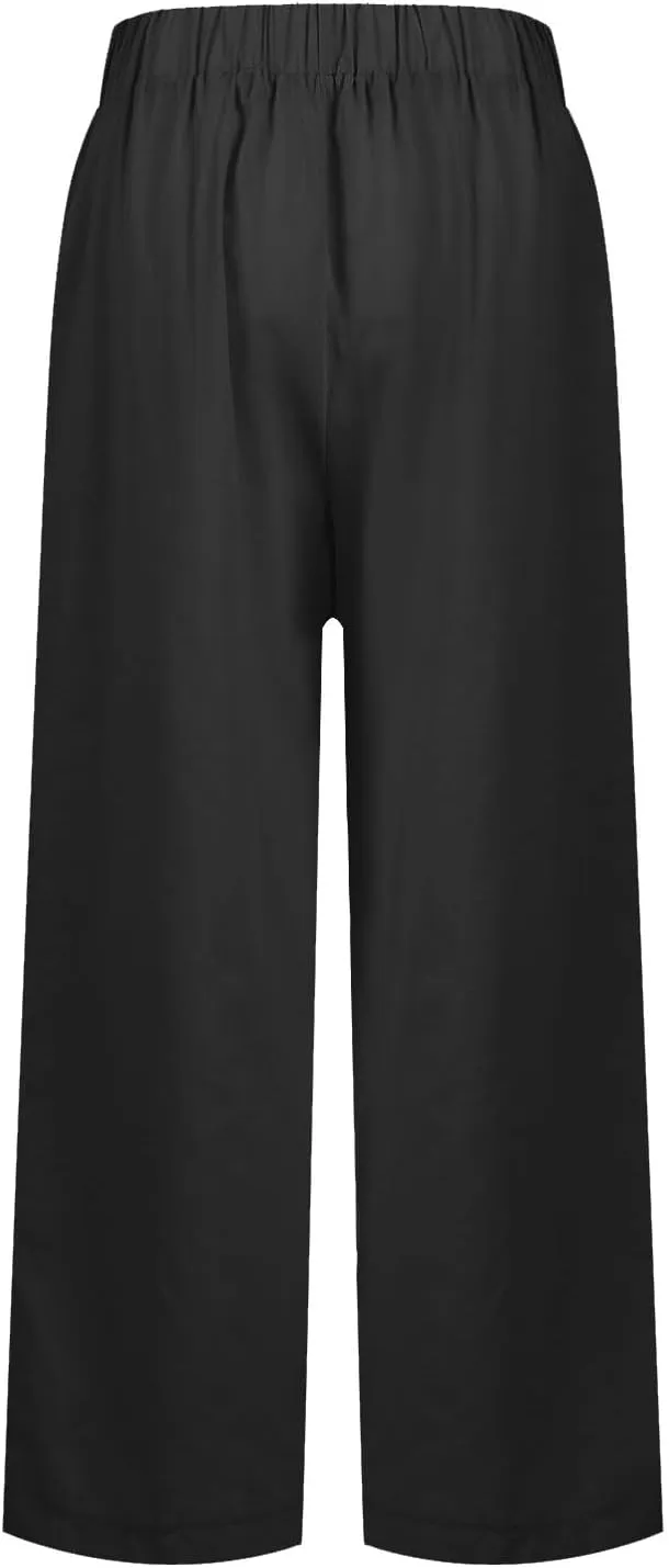 eoeioa High Waisted Linen Pants Women Summer Baggy Stretchy Palazzo Pants Lightweight Casual Pants Boho Beach Pants w/Pockets