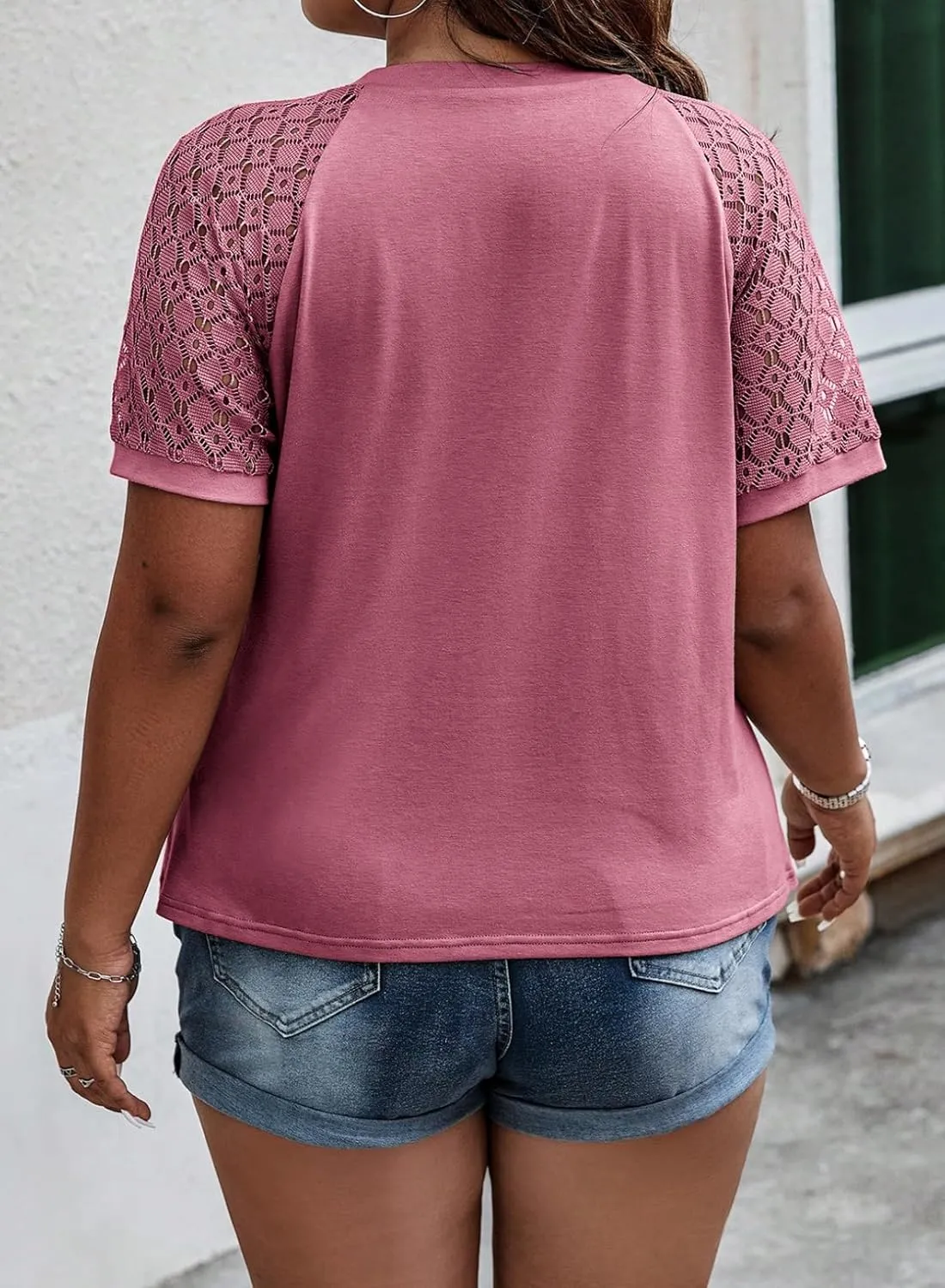 Eytino Plus Size Tops for Women Summer Lace Short Sleeve Crewneck Loose Casual Blouse Tunic T Shirts(1X-5X)