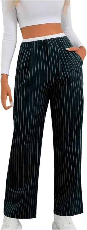 Fall Winter Striped Trousers for Women Casual Comfy Soft Straight Leg Long Pants High Waist Tummy Control Pants 2024