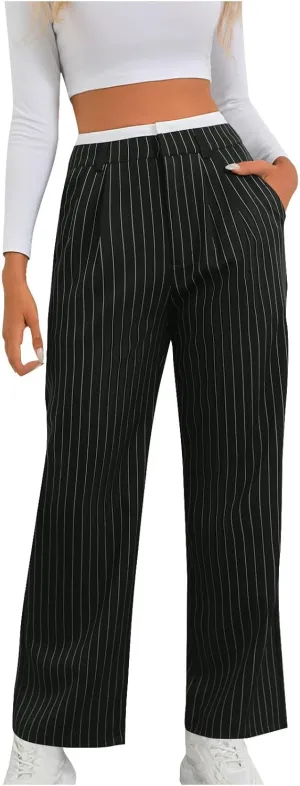 Fall Winter Striped Trousers for Women Casual Comfy Soft Straight Leg Long Pants High Waist Tummy Control Pants 2024