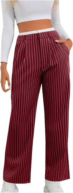 Fall Winter Striped Trousers for Women Casual Comfy Soft Straight Leg Long Pants High Waist Tummy Control Pants 2024