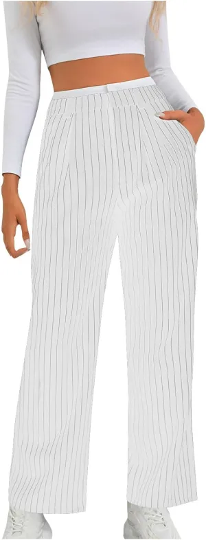 Fall Winter Striped Trousers for Women Casual Comfy Soft Straight Leg Long Pants High Waist Tummy Control Pants 2024