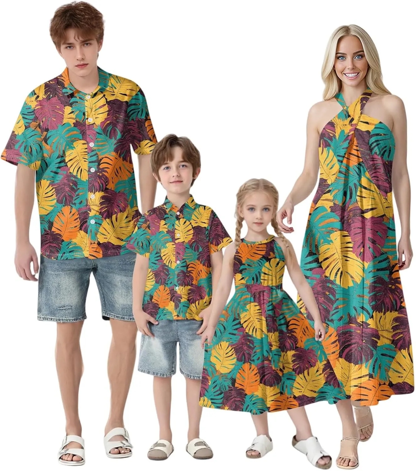 Family Matching Hawaiian Outfits, Dad and Son Beach Vacation Polo Button Down Shirts Mommy Daughter Dress