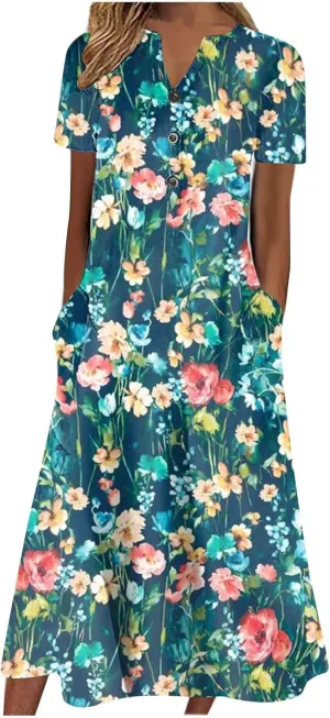 fartey Womens 2024 Summer Dress Casual Crewneck Tshirt Dresses Floral Print Short Sleeve Boho Dress Beach Vacation Outfits