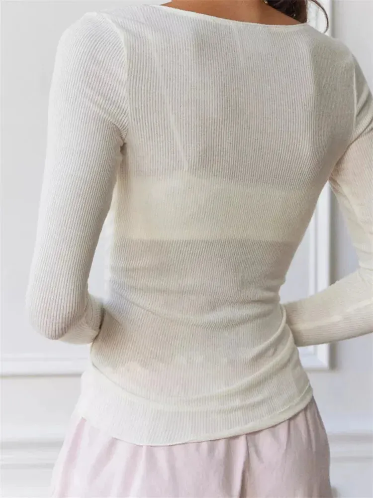 FashionSierra - 2024 Vintage Lace Patchwork Deep V Neck Low Cut Fairy Long Sleeve Slim Fit Streetwear Tee
