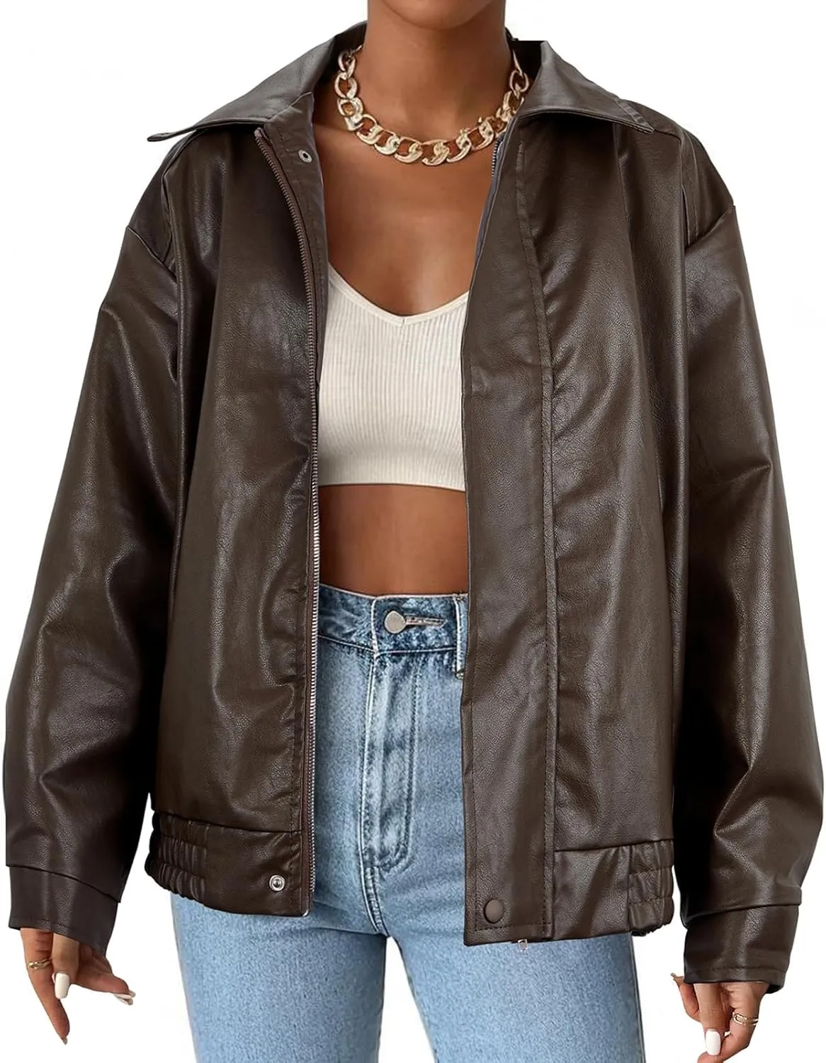 Faux Leather Jacket Women Brown Pleather Bomber Jacket Oversized Leather Blazer Motorcycle Jacket Biker Jacket Winter Coat Brown XL