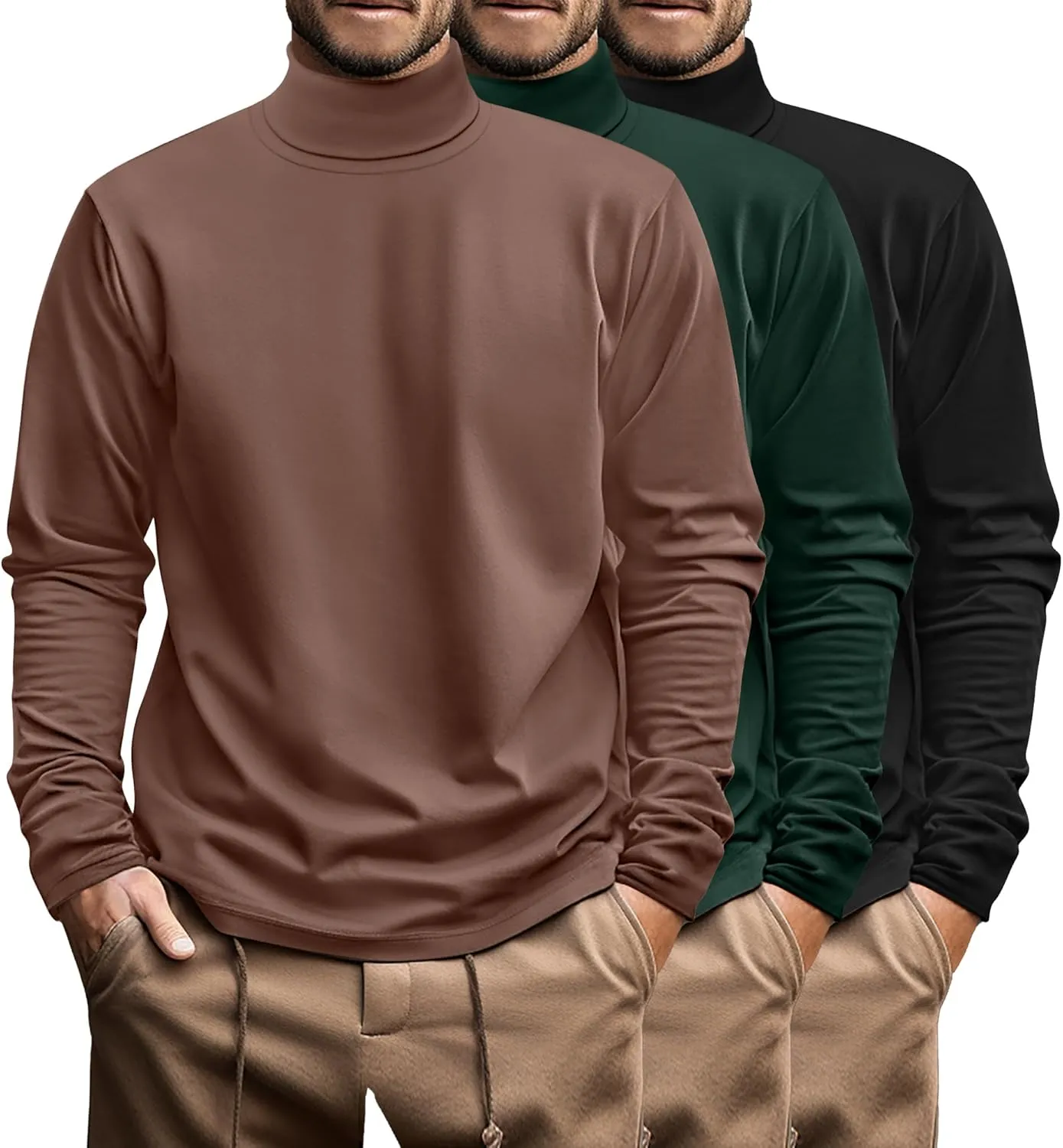 Ficerd 3 Pack Men's Big and Tall Turtleneck Shirts Cotton Long Sleeve Turtle Neck Tops Plus Size Loose Fit Basic Tee