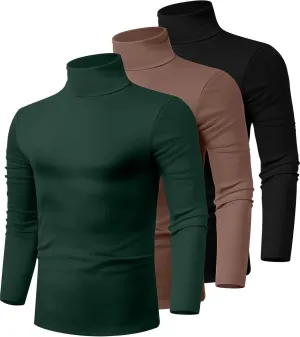 Ficerd 3 Pack Men's Turtleneck Shirts, Long Sleeve Cotton Pullover Sweaters Mock Neck Knitted T Shirt Basic Slim Fit Tee Tops