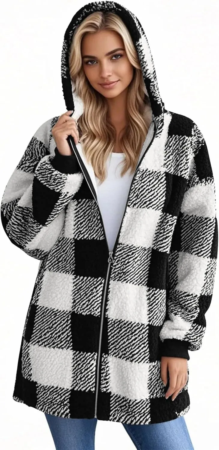 Fleece Jacket Women Plus Size Plaid Sherpa Jacket Warm Fuzzy Zip Up Hoodie Oversized Fluffy Jackets Winter Coats