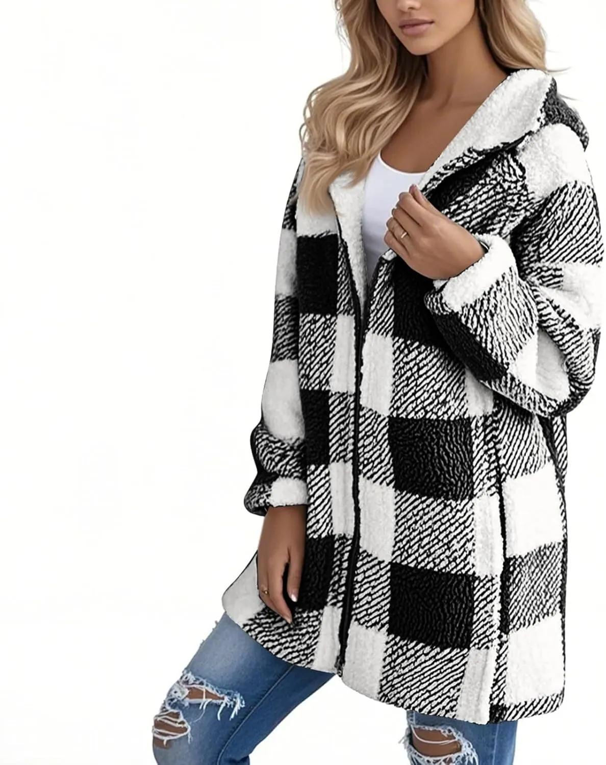 Fleece Jacket Women Plus Size Plaid Sherpa Jacket Warm Fuzzy Zip Up Hoodie Oversized Fluffy Jackets Winter Coats