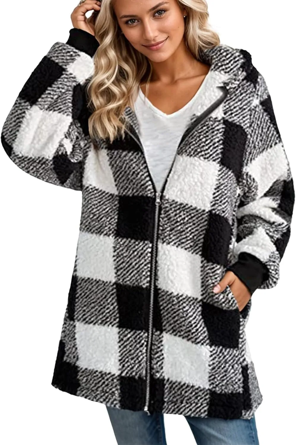 Fleece Jacket Women Plus Size Plaid Sherpa Jacket Warm Fuzzy Zip Up Hoodie Oversized Fluffy Jackets Winter Coats