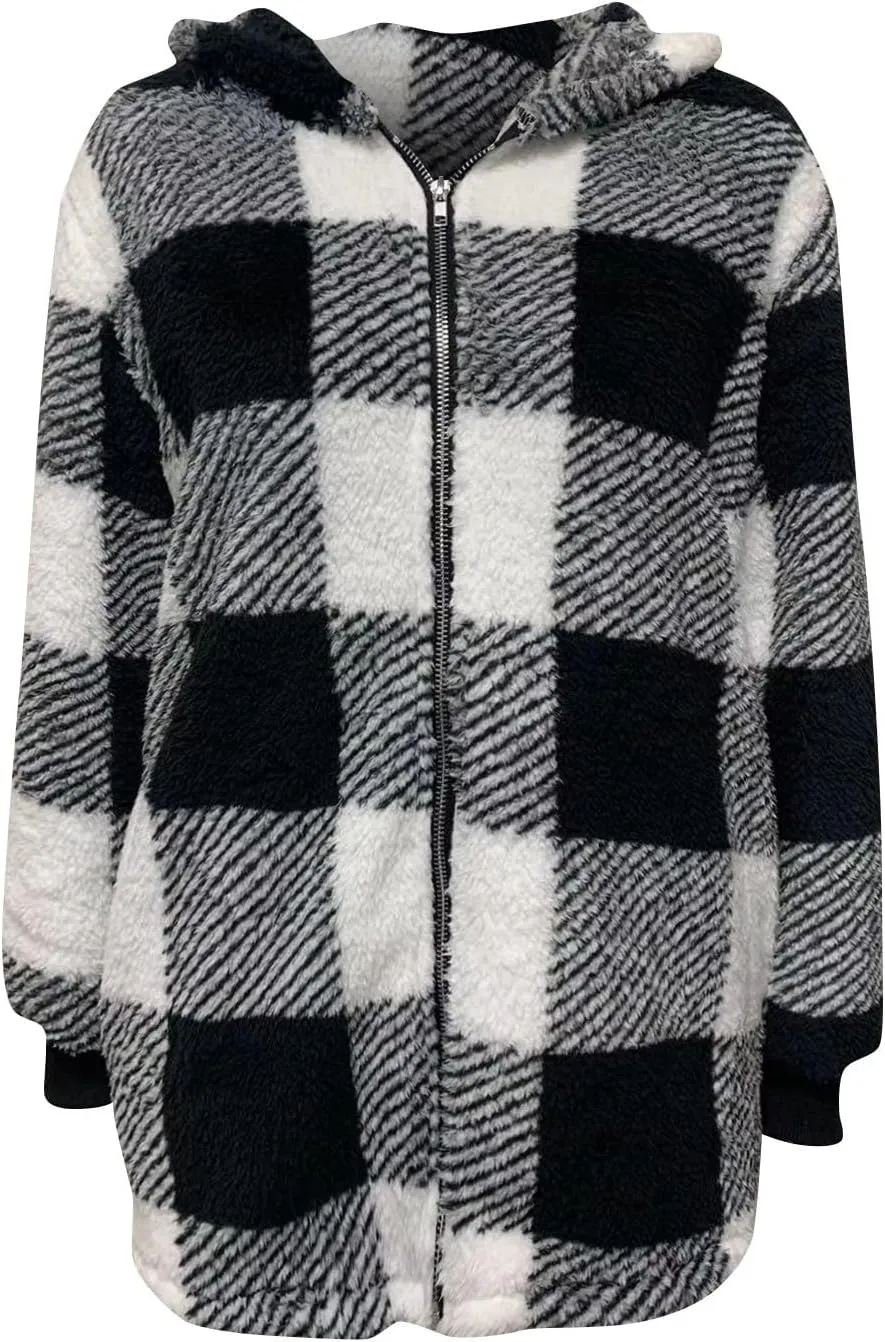 Fleece Jacket Women Plus Size Plaid Sherpa Jacket Warm Fuzzy Zip Up Hoodie Oversized Fluffy Jackets Winter Coats