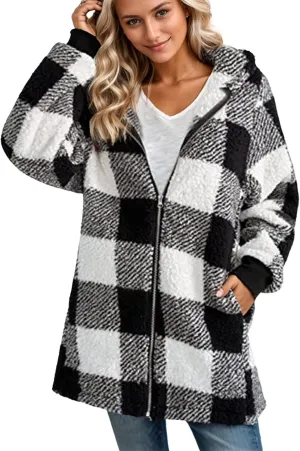 Fleece Jacket Women Plus Size Plaid Sherpa Jacket Warm Fuzzy Zip Up Hoodie Oversized Fluffy Jackets Winter Coats