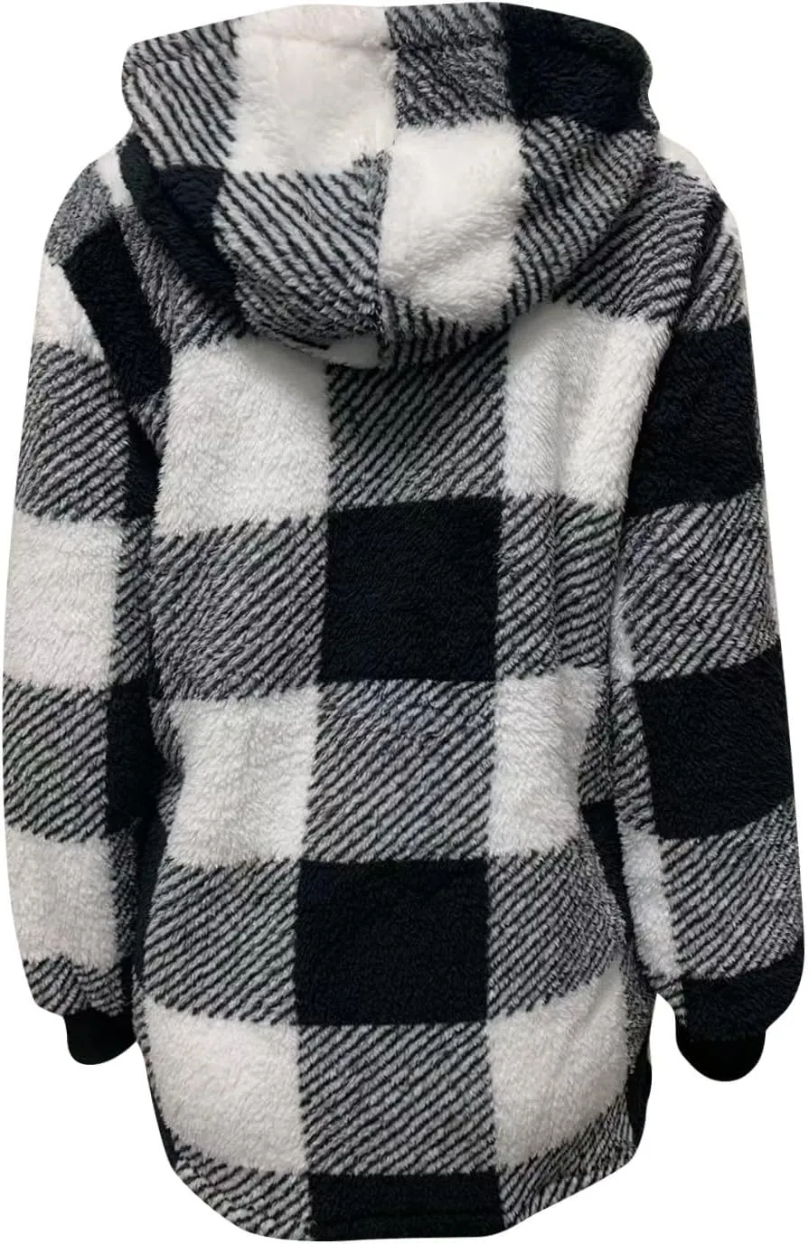 Fleece Jacket Women Plus Size Plaid Sherpa Jacket Warm Fuzzy Zip Up Hoodie Oversized Fluffy Jackets Winter Coats