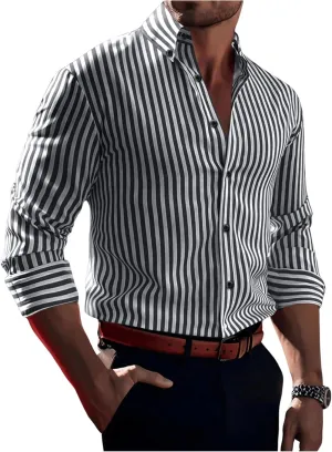 Floerns Men's Striped Print Button Front Collared Long Sleeve Shirt Top