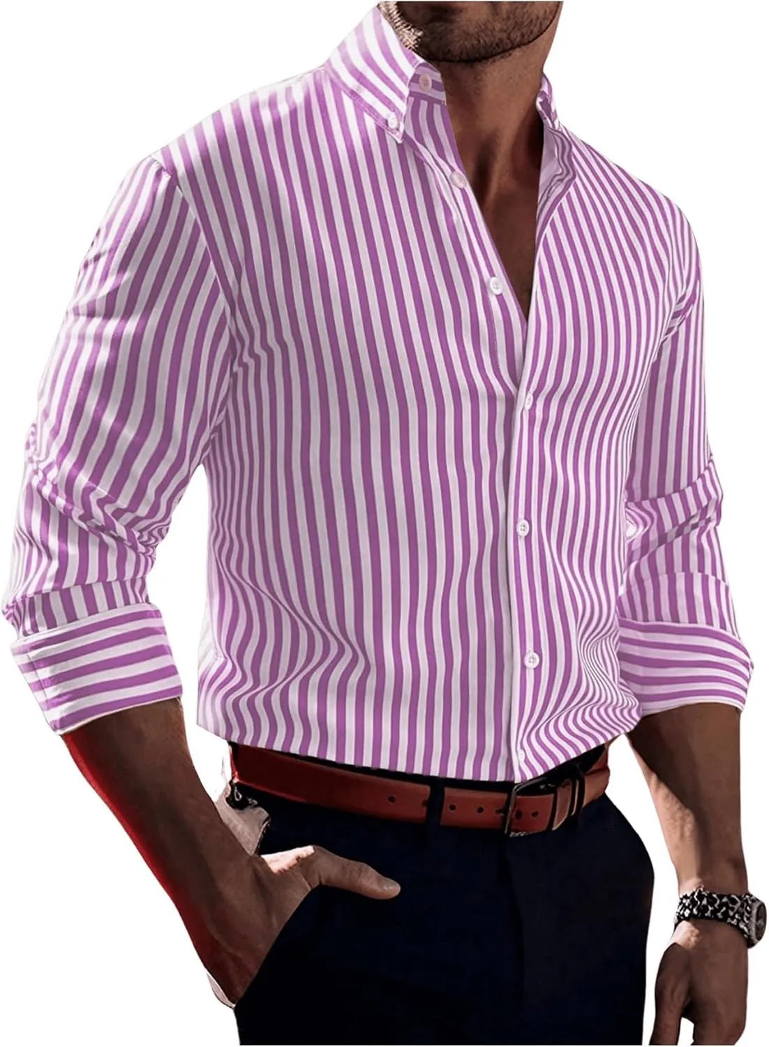 Floerns Men's Striped Print Button Front Collared Long Sleeve Shirt Top