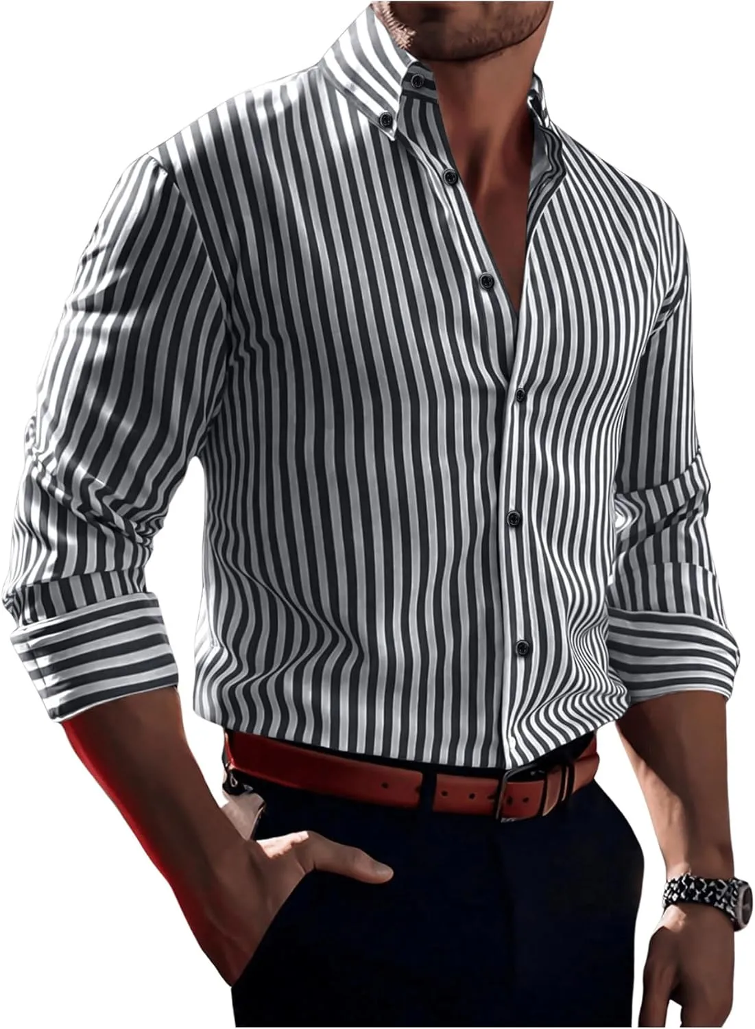 Floerns Men's Striped Print Button Front Collared Long Sleeve Shirt Top