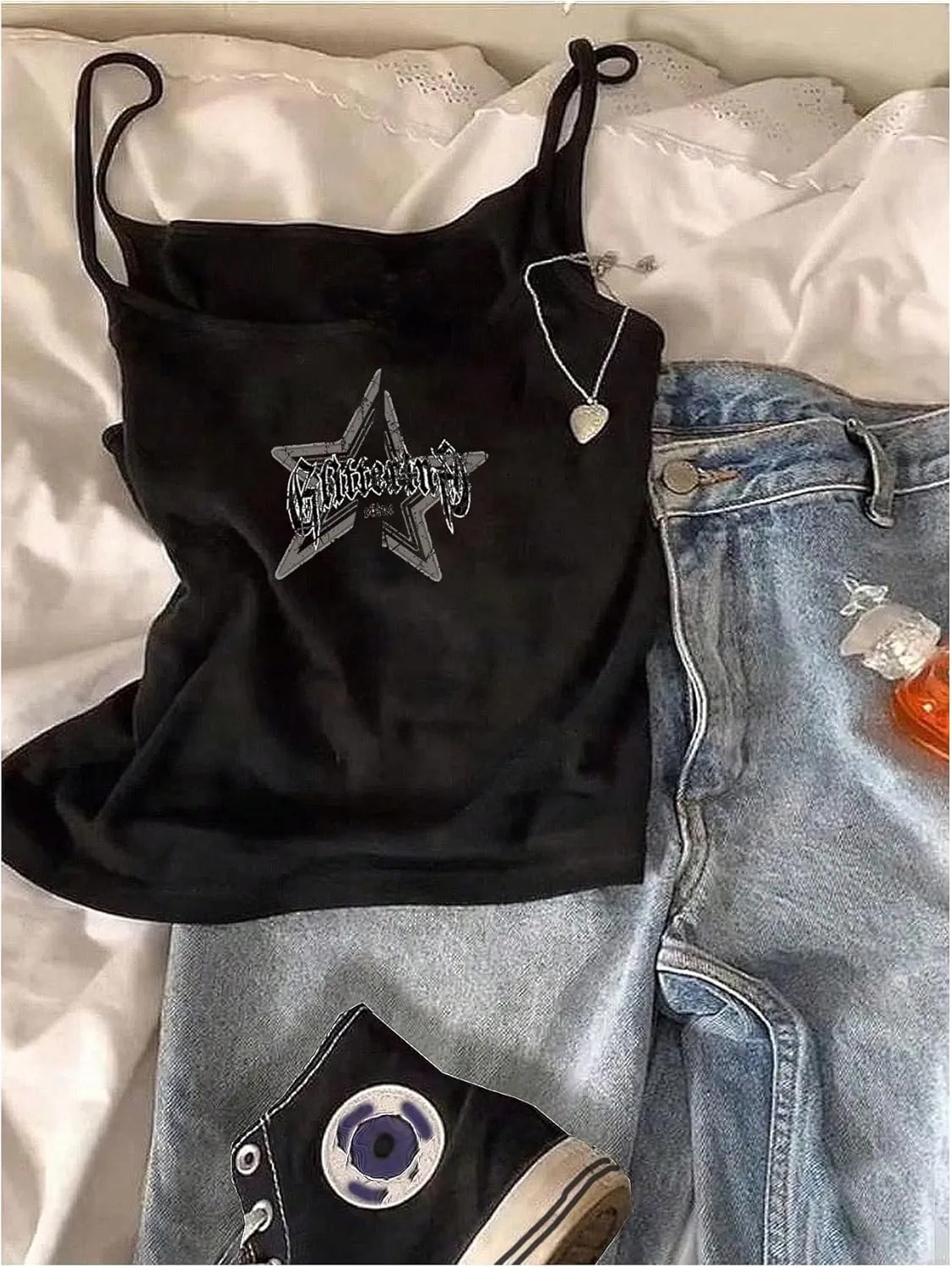 Floerns Women's Goth Sleeveless Camisole Rhinestone Rib Knit Y2k Crop Cami Top
