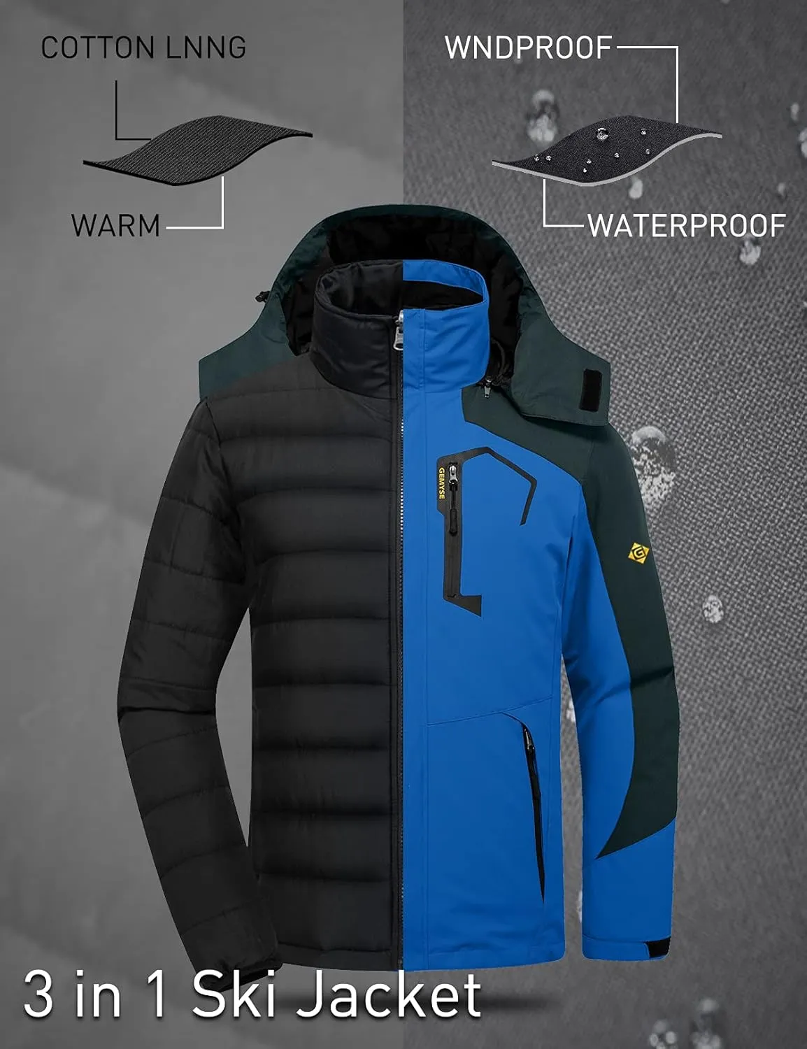 GEMYSE Men's Waterproof 3-in-1 Ski Snow Jacket Puffer Liner Insulated Winter Coat