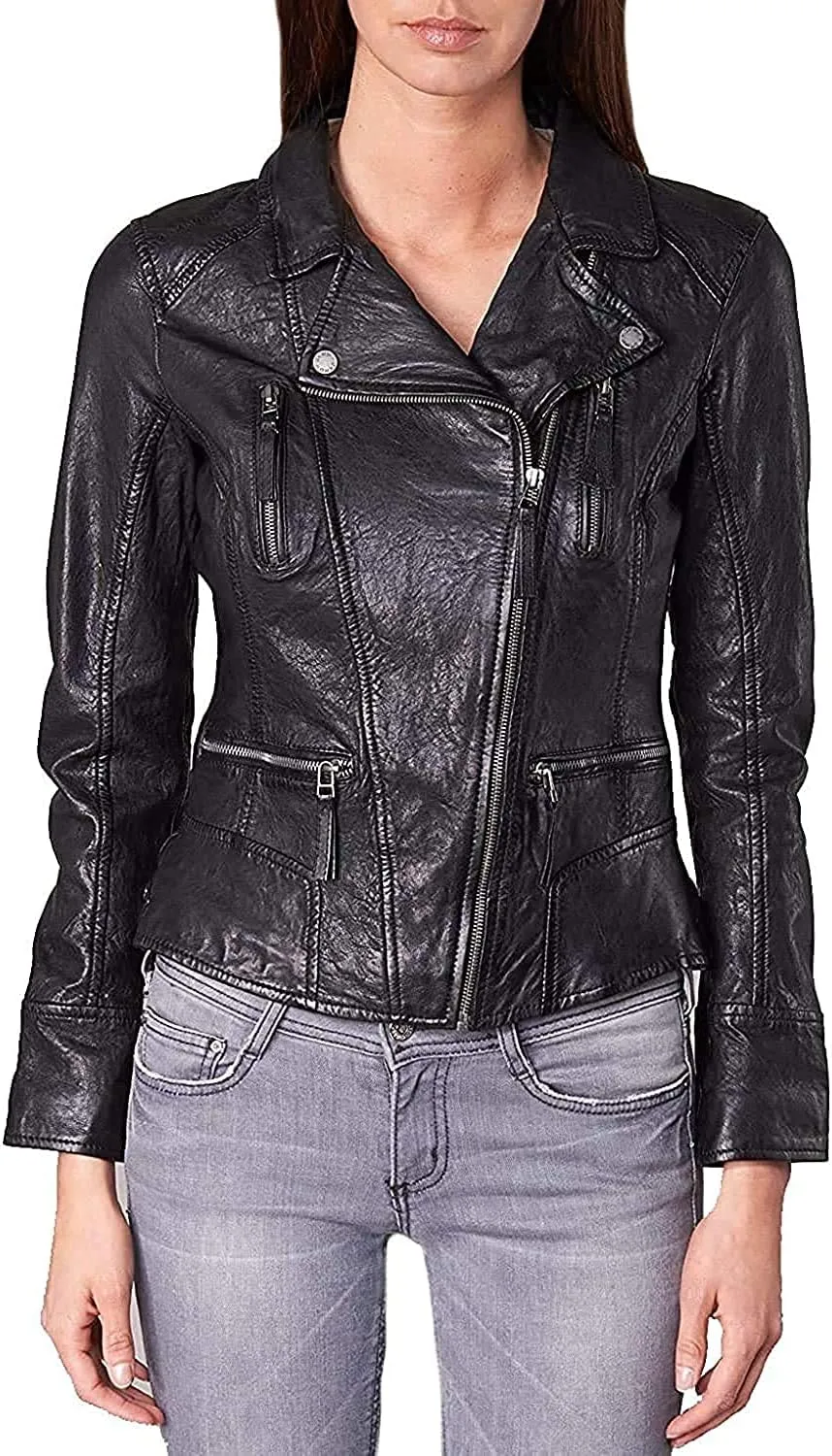 Geniune Black Leather Jacket | Women Motorcycle Jacket | Womens Lambskin Leather Jacket